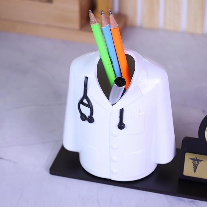 Doctor Pen Stand | Customized Desk Organizer for Doctors and Medical Aspirants with Apron/Coat Shape Pencil Holder, Clock and Personalized Name Engraved Plate - Image 3