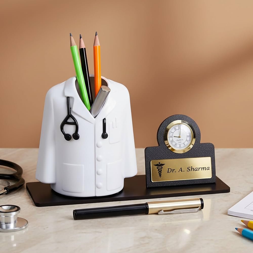 Doctor Pen Stand | Customized Desk Organizer for Doctors and Medical Aspirants with Apron/Coat Shape Pencil Holder, Clock and Personalized Name Engraved Plate - Image 2