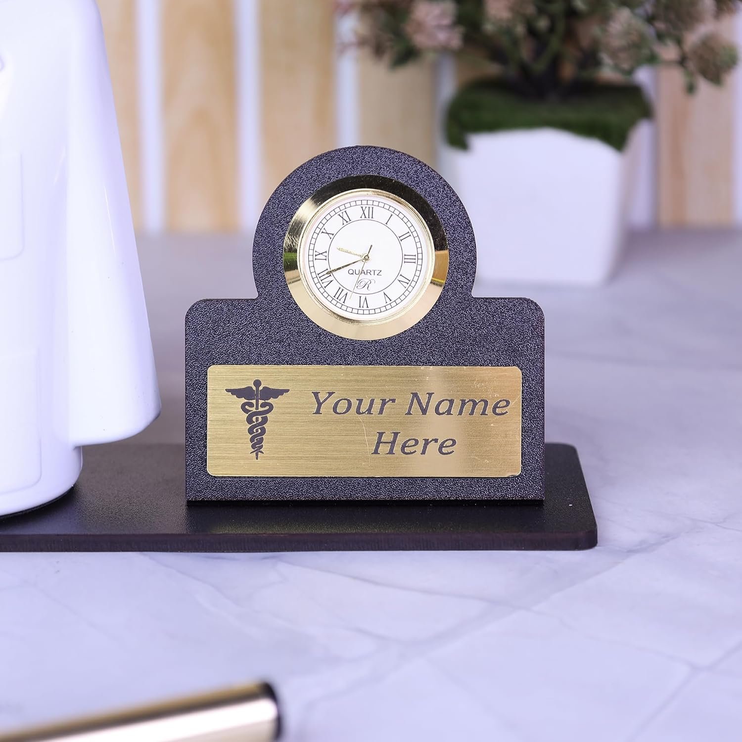 Doctor Pen Stand | Customized Desk Organizer for Doctors and Medical Aspirants with Apron/Coat Shape Pencil Holder, Clock and Personalized Name Engraved Plate - Image 6