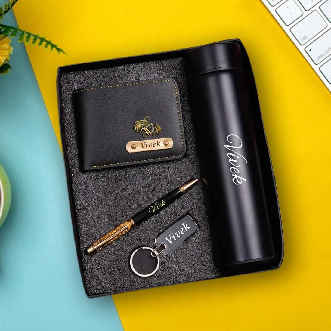 Personalized Men's Wallet, Keychain, Pen & Temperature Bottle Combo - Image 2